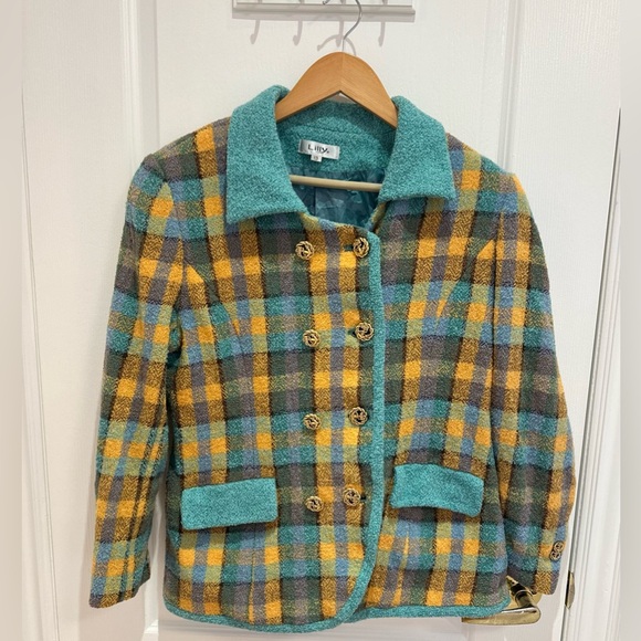 Vintage Bouclé Plaid Jacket Blazer by Lilly | Gold Button Double Breasted | M/L - Picture 2 of 9